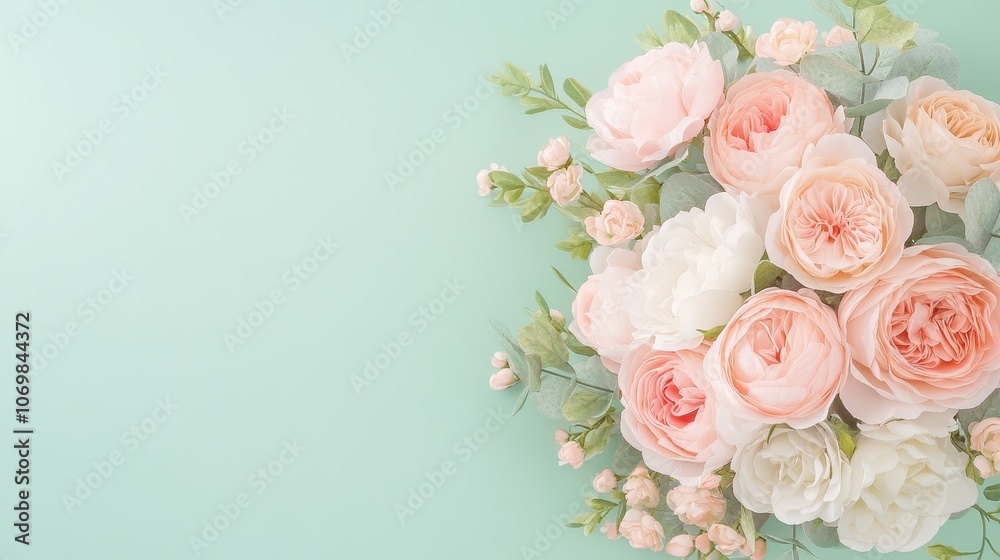 Soft Pastel Roses on Mint Green: A delicate arrangement of blush and cream roses with sprigs of greenery create a romantic, feminine background against a soft mint green backdrop. Soft Pastel Roses on Mint Green: A delicate arrangement of blush and cream roses with sprigs of greenery create a romantic, feminine background against a soft mint green backdrop.
