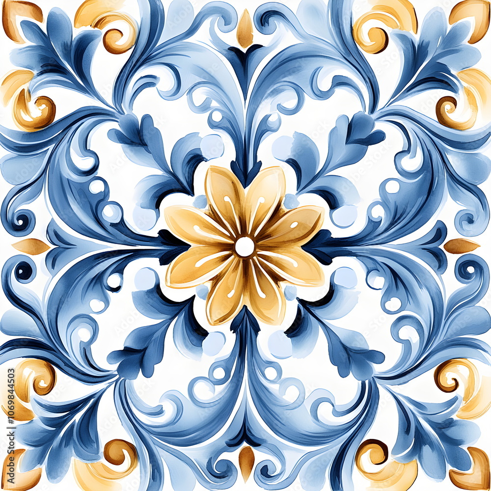 Italian floral pattern on white background with blue and yellow stylized plants, repeating folk motif in Mediterranean style, ceramic tile Italian floral pattern on white background with blue and yellow stylized plants, repeating folk motif in Mediterranean style, ceramic tile