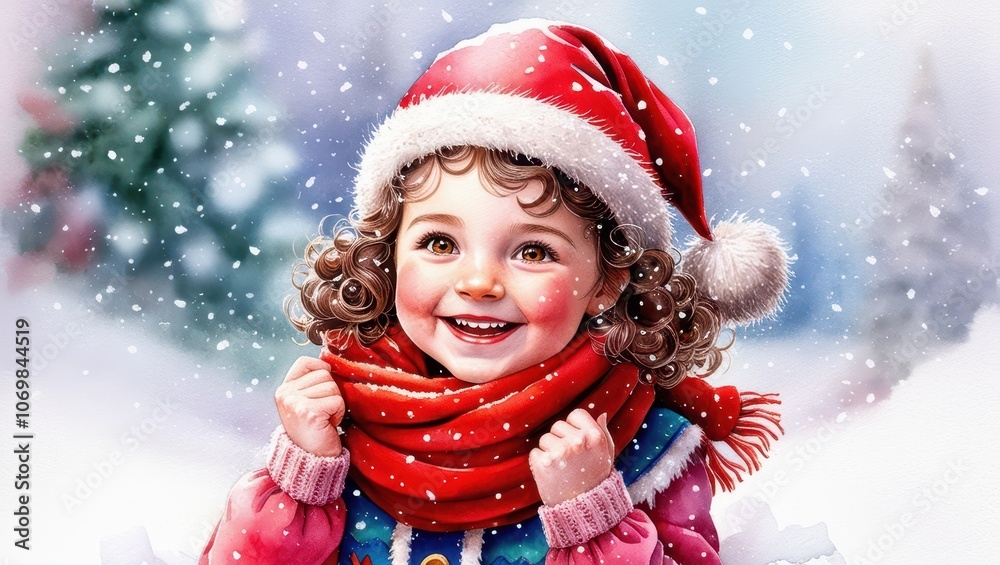 A heartwarming watercolor illustration of a little girl in winter attire, smiling in the snow, wearing a red scarf and Santa hat, with a festive, joyful expression. A heartwarming watercolor illustration of a little girl in winter attire, smiling in the snow, wearing a red scarf and Santa hat, with a festive, joyful expression.