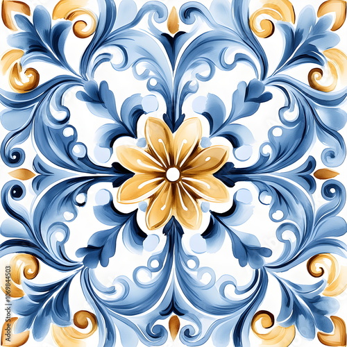 Italian floral pattern on white background with blue and yellow stylized plants, repeating folk motif in Mediterranean style, ceramic tile