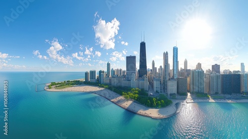 Daytime view of Chicago skyline with iconic buildings and urban architecture
