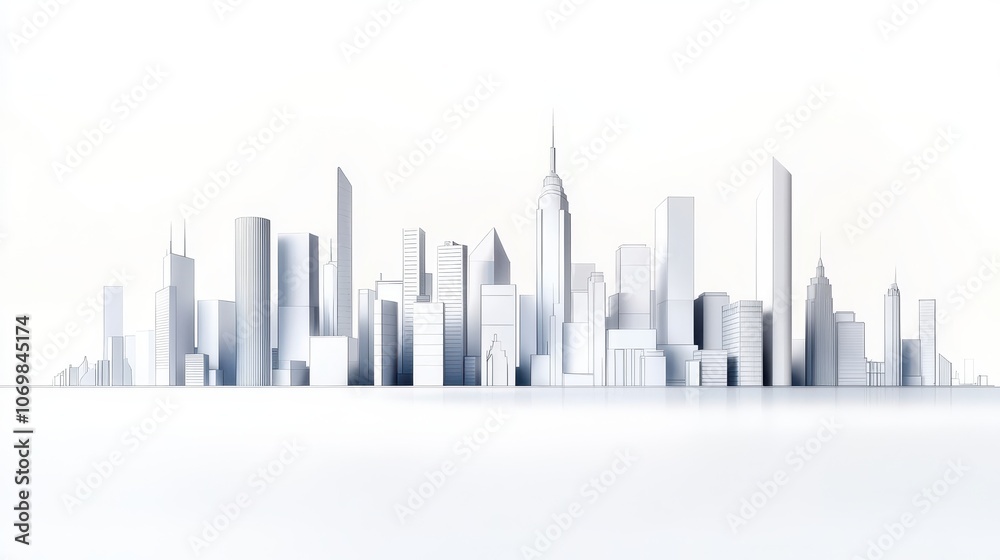 Detailed line drawing of a city skyline, each building outlined with architectural precision in minimalist style. Detailed line drawing of a city skyline, each building outlined with architectural precision in minimalist style.