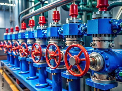 Conceptual Photography of Hydraulic Switchgear Featuring Eight Blue Valves, One Red Valve, and Five Joysticks in an Industrial Setting for Engineering and Control Systems photo