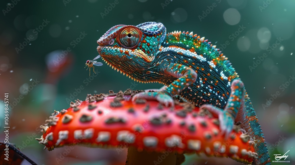 Fototapeta premium A chameleon catches a fly on a mushroom. AI.