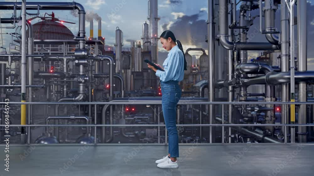Full Body Side View Of An Asian Female Professional Worker Standing With Her Tablet In a Refinery, Oil Processing Equipment And Machinery, She Is Nodding Her Shead With Dissapionted