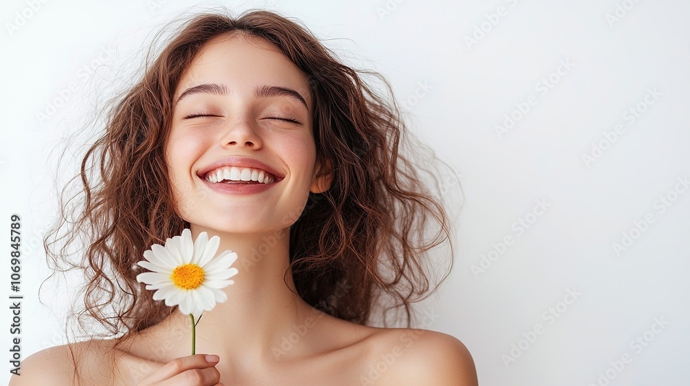 Happy Woman Holding Flower in Studio Setting Happy Woman Holding Flower in Studio Setting