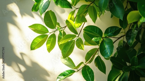 Leaf shadow overlay on a white wall; soft sunlight casting tropical plant shadows for a natural, organic wallpaper