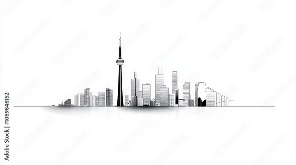 Obraz premium Hand-drawn city skyline outline, with landmark buildings depicted in black ink on a white background.