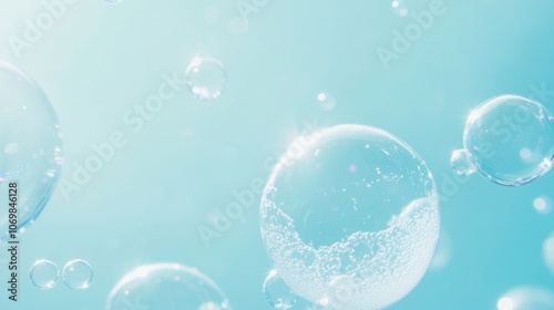 Foam bubble texture in a liquid soap close-up, showing tiny soap bubbles and froth structure over a light blue background; bright and clean, ideal for cleaning and washing themes