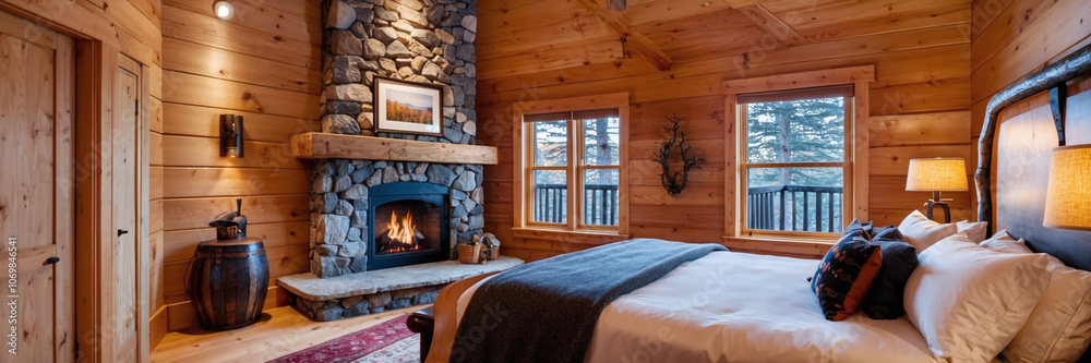 Cozy cabin-style bedroom with a stone fireplace wood walls and warm lighting Cozy cabin-style bedroom with a stone fireplace wood walls and warm lighting