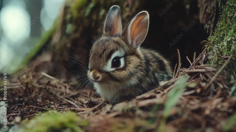 Wild bunny rabbit with distinctive fur patterns in a lush forest setting, surrounded by vibrant moss, dense foliage, and textured bark, capturing the serene beauty of the natural woodland environment Wild bunny rabbit with distinctive fur patterns in a lush forest setting, surrounded by vibrant moss, dense foliage, and textured bark, capturing the serene beauty of the natural woodland environment