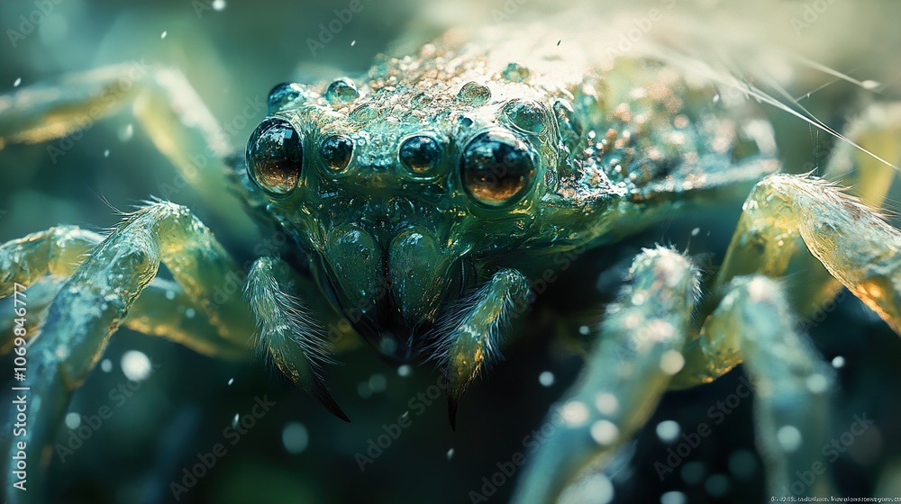 Close-Up Macro Photography of a Shiny Green Spider with Water Droplets Close-Up Macro Photography of a Shiny Green Spider with Water Droplets
