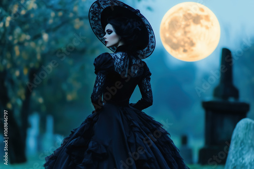 Elegant Vampire in Dark Victorian-Era Attire Standing Under Full Moon in Ancient Graveyard with Diverse Fictional and Non-Fictional Character Aesthetic photo