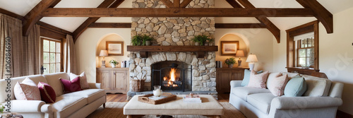 Cozy cottage-style living room with stone fireplace wooden beams and plush furniture