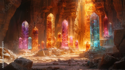 Expansive desert unveils hoard of golden idols shimmering gemstones and mystical scrolls that glow under the intense sun captured in a breathtaking poster format