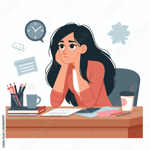 Bored woman sitting at desk. Tired sad office worker. Procrastination, burnout and boredom concept. Depressed upset exhausted lazy student. Flat vector illustration isolated on white background