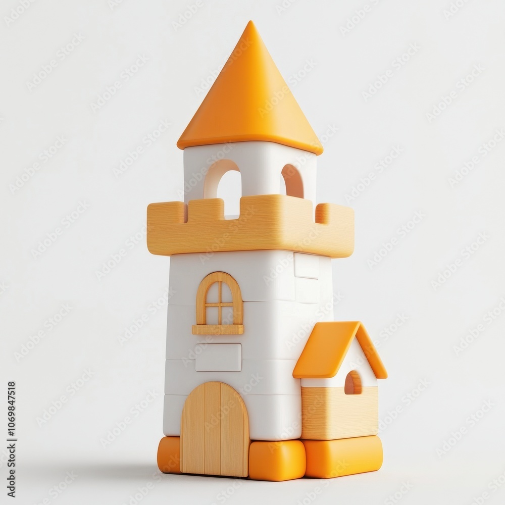Whimsical Wooden Castle Toy on a Plain Background Whimsical Wooden Castle Toy on a Plain Background