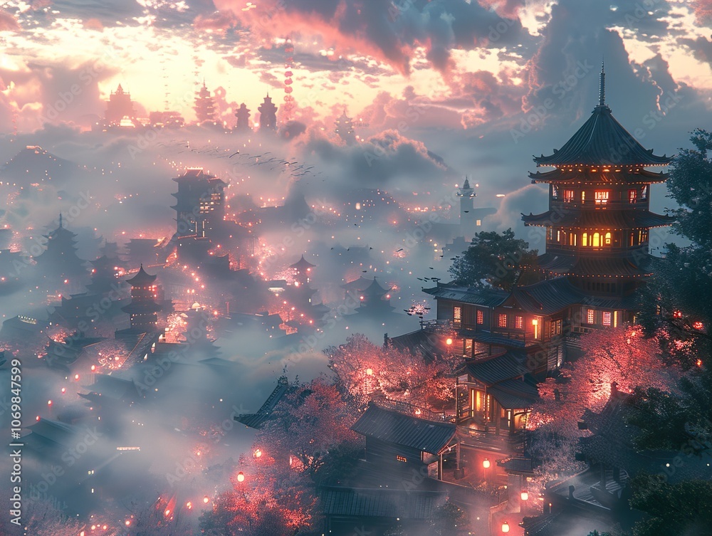Obraz premium A Mystical Japanese Cityscape: Pagoda and Cherry Blossoms in the Twilight
