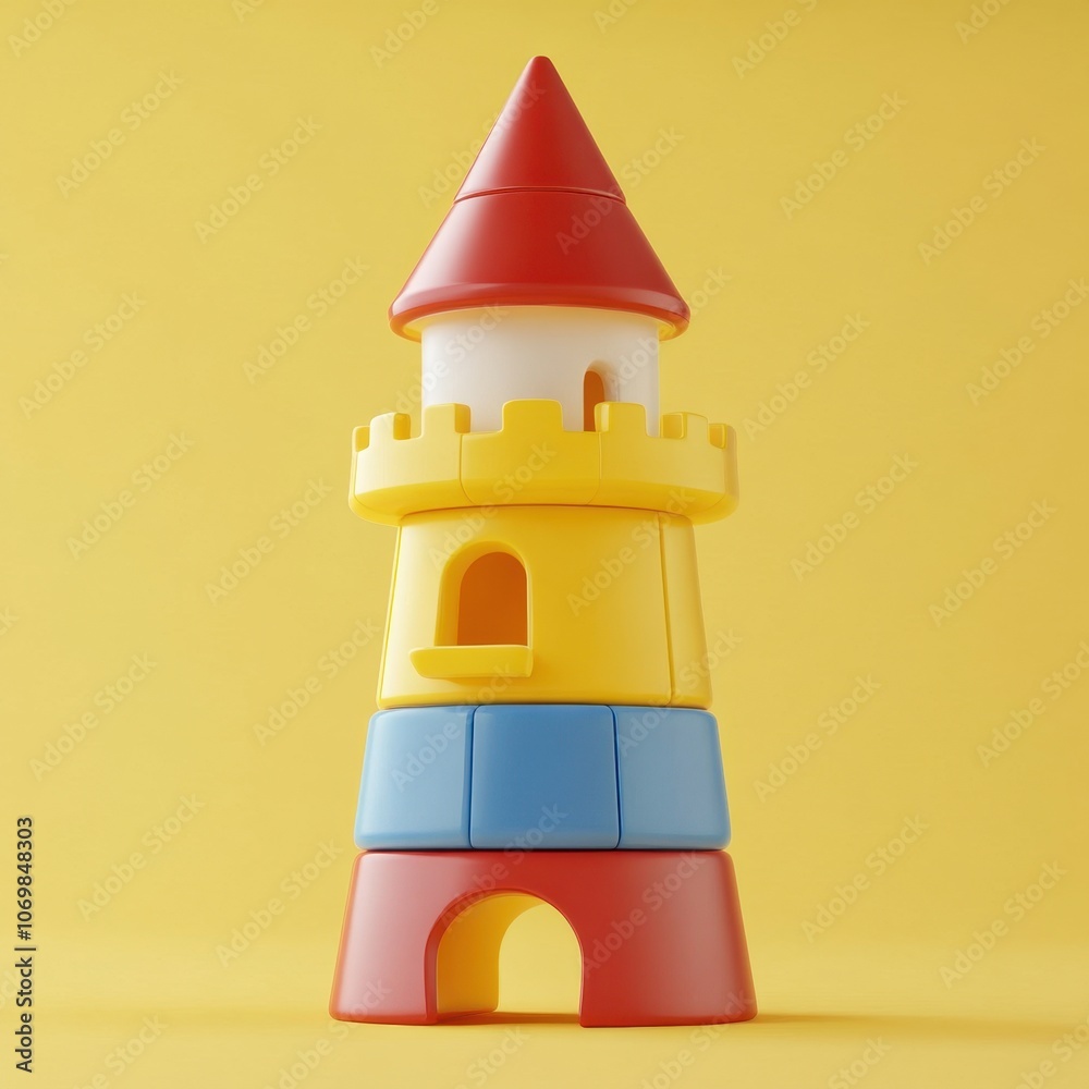 Colorful Toy Castle Tower on Yellow Background Colorful Toy Castle Tower on Yellow Background
