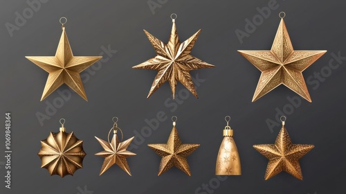 Golden Christmas star ornament bauble set isolated on transparent background h yper realistic