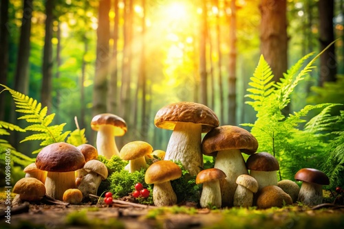 Delicious Forest Mushrooms Used in Cooking: A Captivating View of Edible Fungi in a Lush Green Forest Setting, Perfect for Culinary Inspiration and Nature Lovers Alike photo