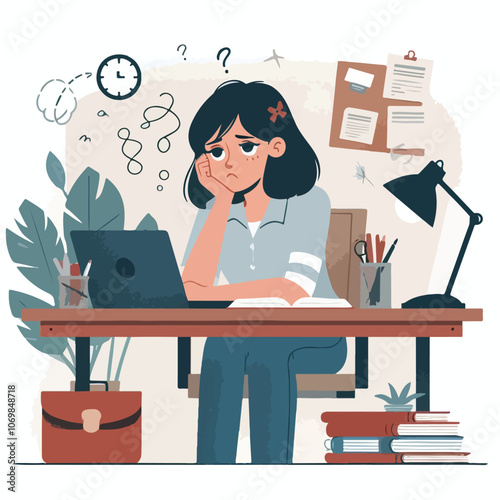 Bored woman sitting at desk. Tired sad office worker. Procrastination, burnout and boredom concept. Depressed upset exhausted lazy student. Flat vector illustration isolated on white background