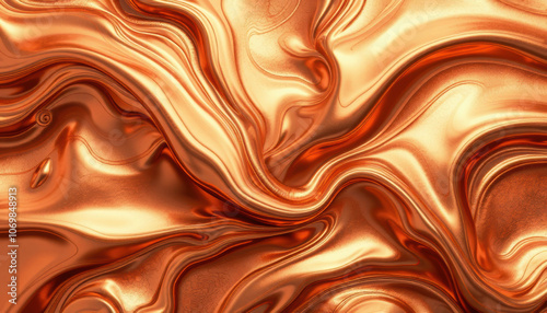 Liquid copper background with swirling patterns and glossy finish, creating vibrant and dynamic visual effect. rich tones evoke warmth and elegance