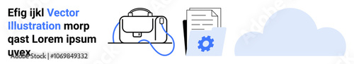 Backpack, documents, gear icon, and cloud graphic. Ideal for business, digital storage, travel, student resources, tech solutions, document management, and educational platforms Landing page