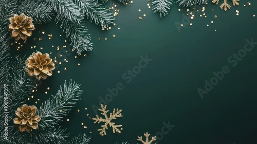 green christmas background with snowflakes and gold sequins