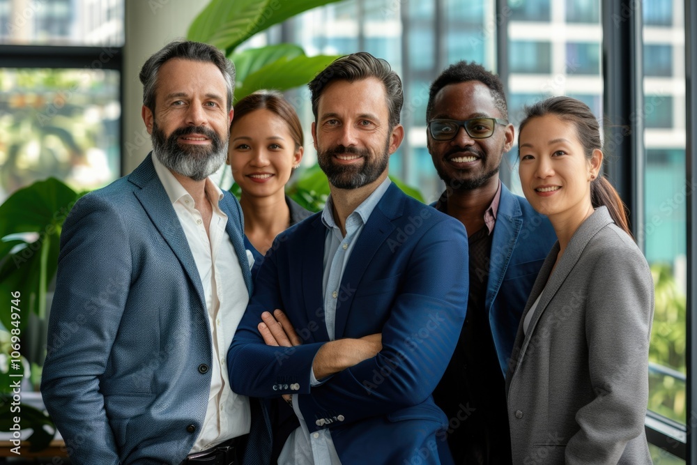 Successful diverse international business team of four professional coworkers posing. Successful diverse international business team of four professional coworkers posing.