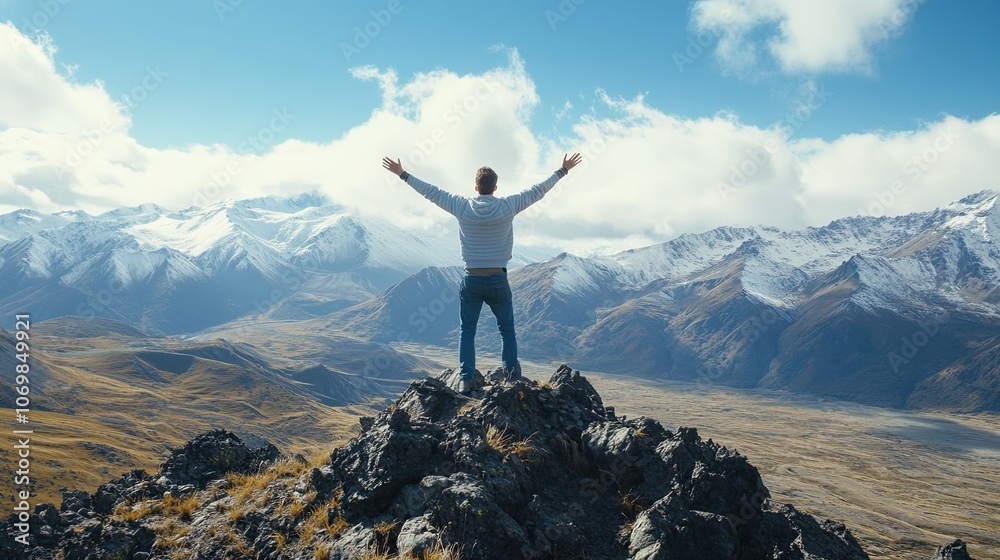 A silhouette of a man standing on a peak overlooking vast mountains under a vibrant sunrise A silhouette of a man standing on a peak overlooking vast mountains under a vibrant sunrise
