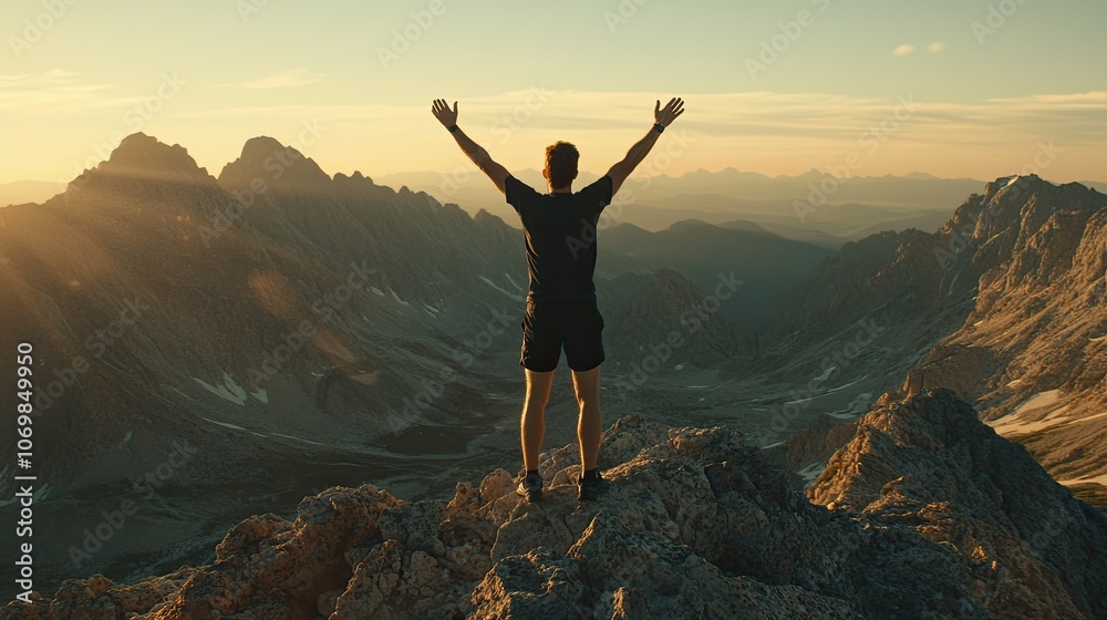 A silhouette of a man standing on a peak overlooking vast mountains under a vibrant sunrise A silhouette of a man standing on a peak overlooking vast mountains under a vibrant sunrise