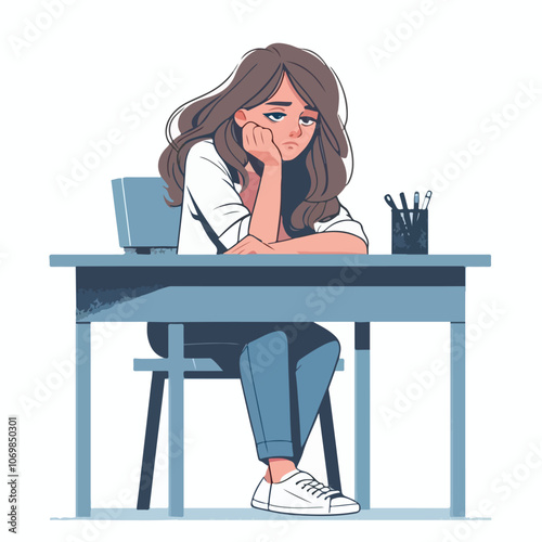 Bored woman sitting at desk. Tired sad office worker. Procrastination, burnout and boredom concept. Depressed upset exhausted lazy student. Flat vector illustration isolated on white background