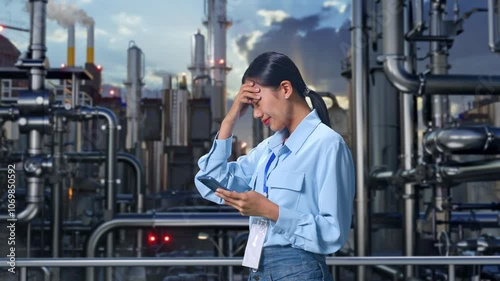 Side View Of An Asian Female Professional Worker Standing With Her Smartphone In a Refinery, Oil Processing Equipment And Machinery, Checking With Dissapionted And Nodding Her Shead  photo