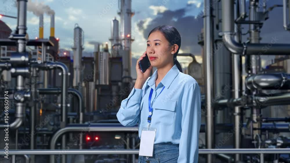 Side View Asian Female Professional Worker Standing In a Refinery, Oil Processing Equipment And Machinery, She Pick The Phone Up And Started To Specking To It With A Slicely Smile Side View Asian Female Professional Worker Standing In a Refinery, Oil Processing Equipment And Machinery, She Pick The Phone Up And Started To Specking To It With A Slicely Smile