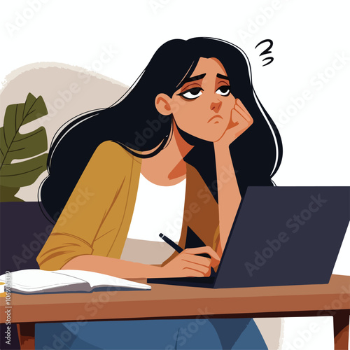 Bored woman sitting at desk. Tired sad office worker. Procrastination, burnout and boredom concept. Depressed upset exhausted lazy student. Flat vector illustration isolated on white background