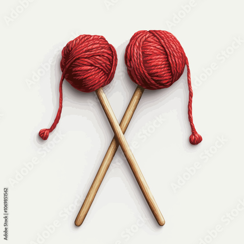 Two knitting needles with red yarn on white background. Top view. 