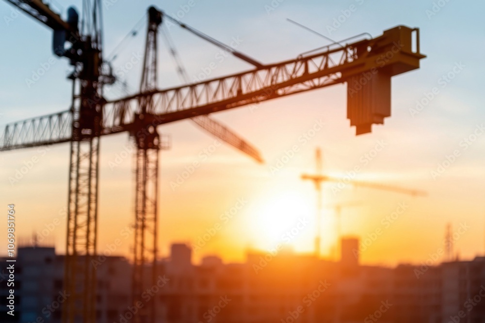 Construction cranes building new housing development at sunset