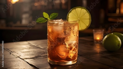 Moscow Mule Cocktail on the Bar Counter: Classic Vodka Drink with Ginger Beer and Lime