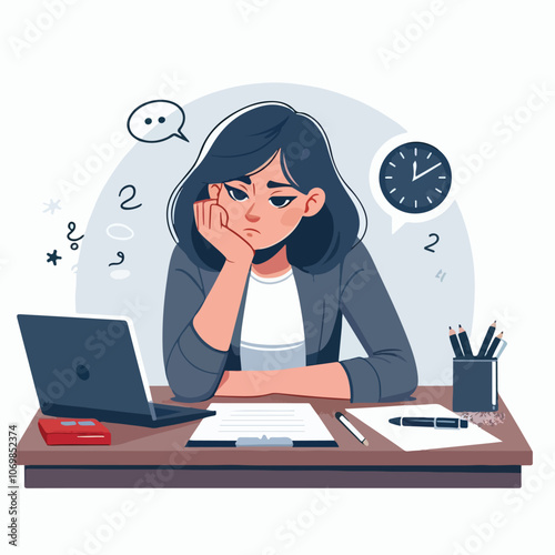 Bored woman sitting at desk. Tired sad office worker. Procrastination, burnout and boredom concept. Depressed upset exhausted lazy student. Flat vector illustration isolated on white background