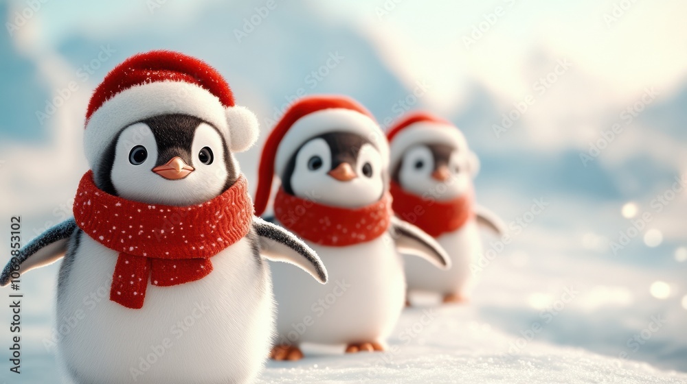Adorable penguins in Santa hats waddle through a snowy winter wonderland, AI Adorable penguins in Santa hats waddle through a snowy winter wonderland, AI