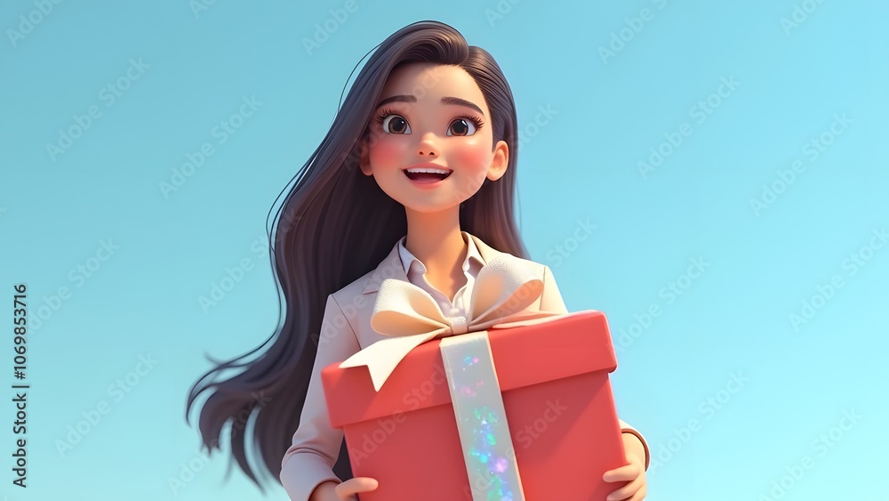 Christmas, Valentine, Birthday - Joyful Mom with Gift Christmas, Valentine, Birthday - Joyful Mom with Gift