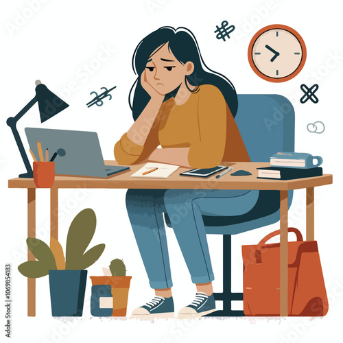 Bored woman sitting at desk. Tired sad office worker. Procrastination, burnout and boredom concept. Depressed upset exhausted lazy student. Flat vector illustration isolated on white background