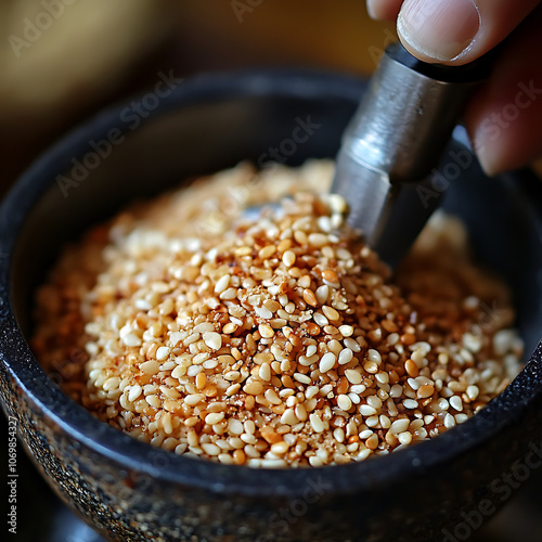 Toasted sesame seeds being ground in stone mortar, showcasing their rich texture and color. process highlights natural oils and flavor released during grinding photo