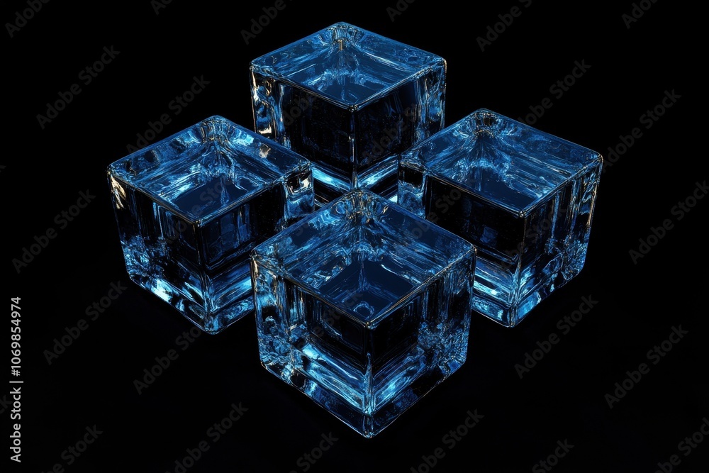 3D render of abstract cubes with a glass texture in a dark blue color on a black background 3D render of abstract cubes with a glass texture in a dark blue color on a black background