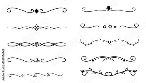 Swirl line divider, doodle decorative fancy ornament border, simple hand drawn frame. Retro curve set flourish thin decorations.