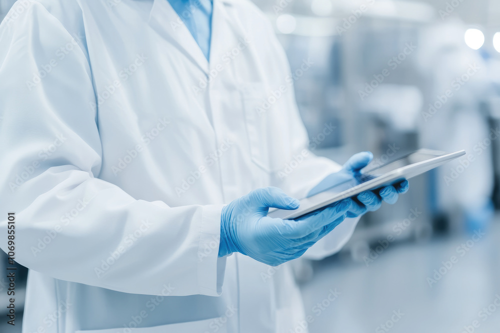Pharmaceutical specialist in gloves and lab coat analyzing production data on a tablet in a clean, controlled manufacturing setting Pharmaceutical specialist in gloves and lab coat analyzing production data on a tablet in a clean, controlled manufacturing setting