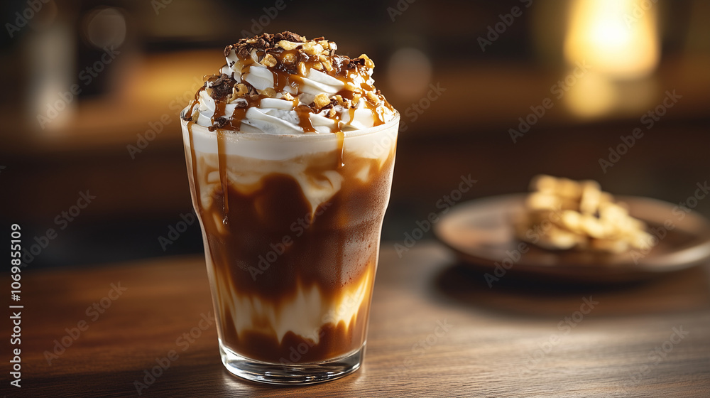 Delicious caramel macchiato topped with whipped cream and drizzled with caramel in a glass Delicious caramel macchiato topped with whipped cream and drizzled with caramel in a glass