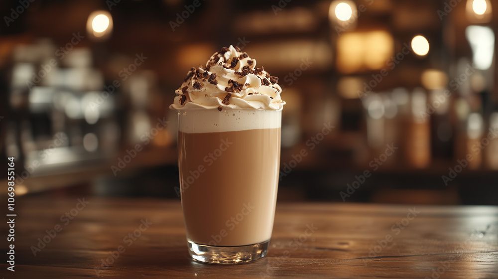 Cacao drink with whipped cream and chocolate shavings on a wooden table, cozy cafe atmosphere, copy space Cacao drink with whipped cream and chocolate shavings on a wooden table, cozy cafe atmosphere, copy space