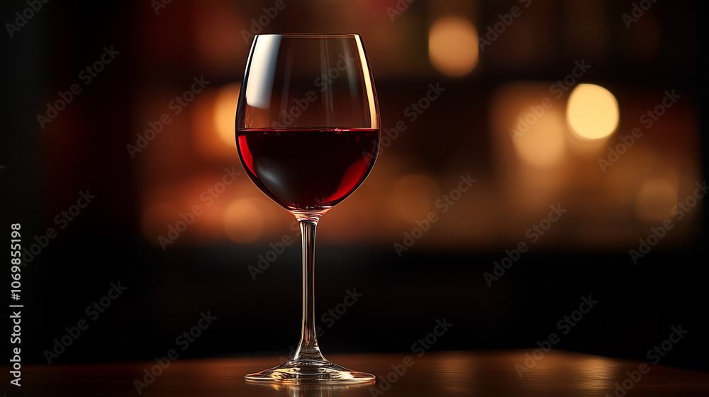 Elegant glass of red wine on a wooden table, soft bokeh lights, refined restaurant atmosphere, copy space Elegant glass of red wine on a wooden table, soft bokeh lights, refined restaurant atmosphere, copy space